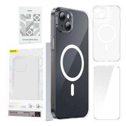 Pouzdro na telefon Baseus magnetický Crystal Clear pro iPhone 13 (průhledné) s ochranným krytem displeje z tvrzeného skla a čisticí sadou
