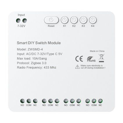 4kanálový spínací modul ZigBee s beznapěťovým kontaktem DC 32V Avatto ZWSMMD-4-32V